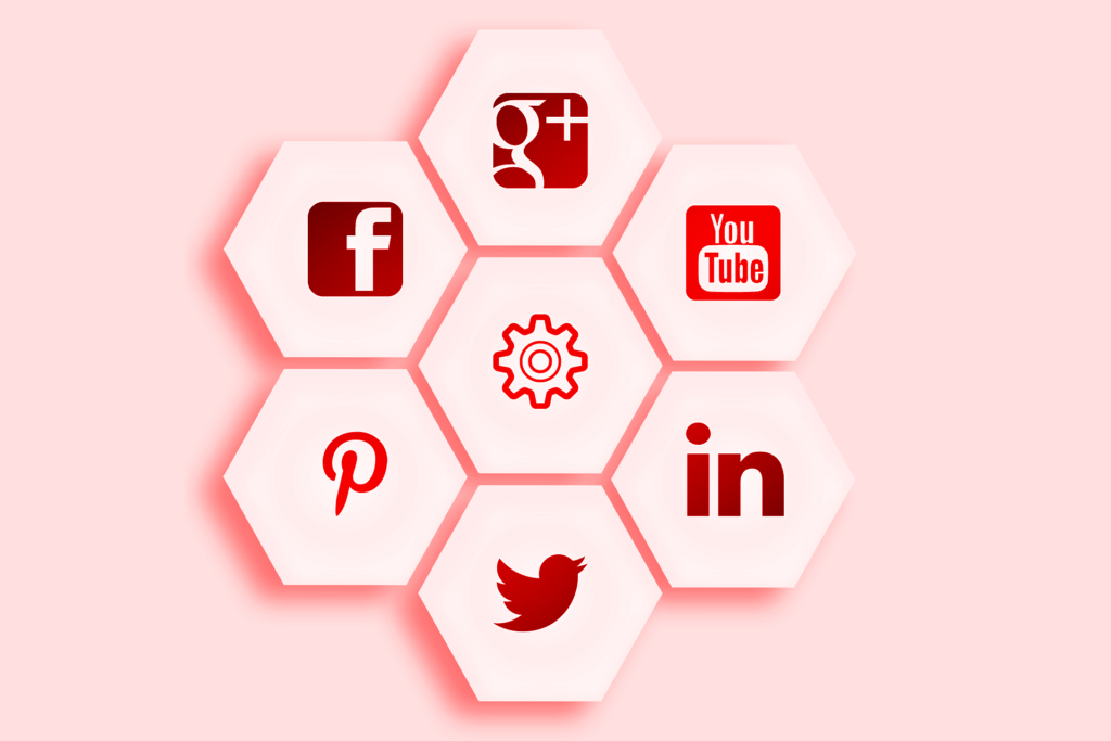 Deep red social media icons on individual hexagons displayed in a circle on a pink square background